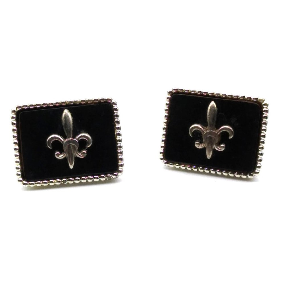 Vintage Fleur de Lis Cuff Links, Dapper Silver Tone on Black Background